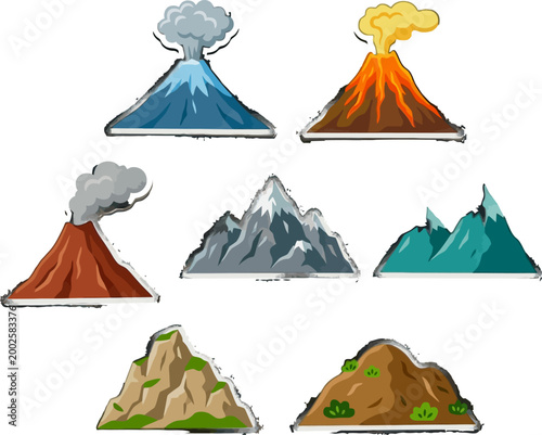 A collection of illustrated volcanoes and mountains in various states of eruption and dormancy, showcasing geological formations and natural phenomena