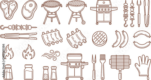 A comprehensive collection of outline icons representing various grilling, barbecue equipment, food, and accessories.
