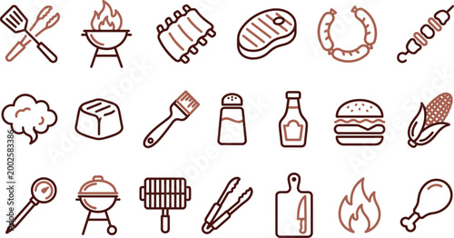 Set of linear barbecue food and grilling equipment icons for professional culinary designs and summer cooking projects