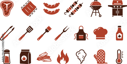 Collection of barbecue grill items, tools, and ingredients for outdoor cooking and grilling