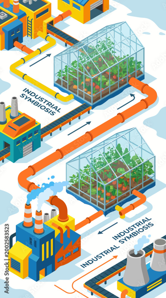 Fototapeta premium Circular economy concept of industrial symbiosis with factories and greenhouses on a snowy landscape