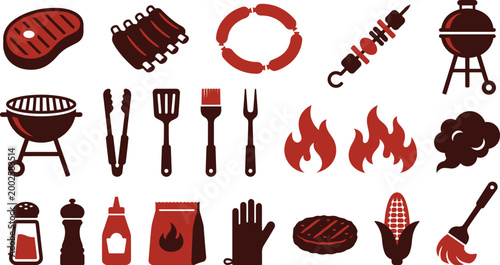 A vibrant collection of barbecue essentials, grilling tools, and delicious food icons for summer cooking.