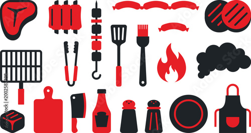 Collection of flat icons representing barbecue food, cooking tools, and grill accessories