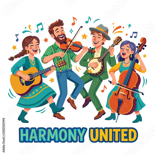 Cooperative musicians playing traditional instruments in joyful circle, 2D flat vector caricature style, synchronized poses, brown gold palette, sticker HARMONY UNITED, cultural art, isolated white ba