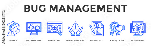 Bug Management  Banner Web  Icon Set Collection Pack Vector Illustration Concept Containing Defect, Bug Tracking, Debugging, Error Handling, Reporting, Bad Quality, Monitoring