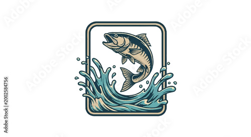 Jumping fish emblem illustration with water splash