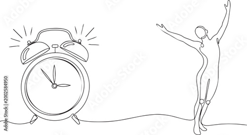 Wake up concept one line art alarm clock morning routine vector illustration isolated