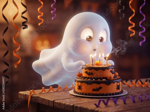 Festive halloween ghost with birthday cake celebration