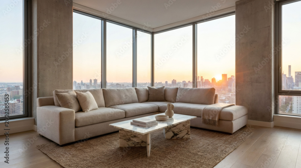 Fototapeta premium Corner living room with sofa and panoramic city skyline view.