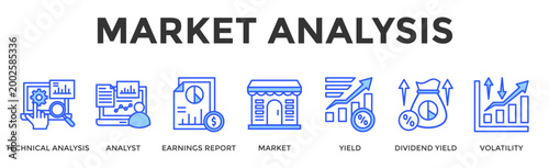 Market Analysis  Banner Web  Icon Set Collection Pack Vector Illustration Concept Containing Technical Analysis, Analyst, Earnings Report, Market, Yield, Dividend Yield, Volatility
