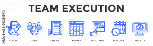 Team Execution  Banner Web  Icon Set Collection Pack Vector Illustration Concept Containing Scrum, Team, Task List, Kanban, Facilitator, Schedule, Velocity
