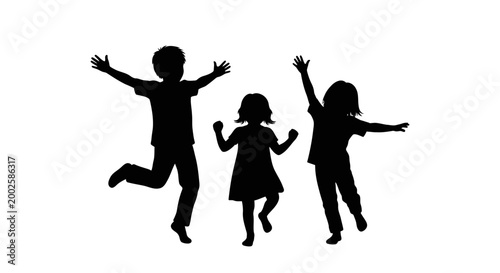 Black silhouettes of three happy children jumping together.