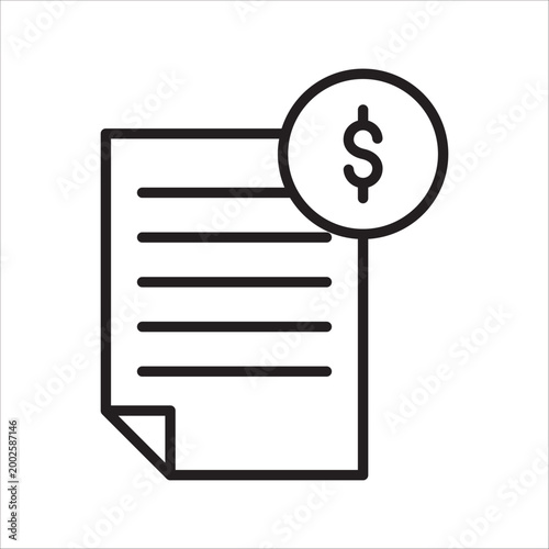Invoice document icon with currency symbol. Clean line style representing billing, payment records, financial documentation on a white, transparent background.