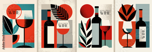 Beautiful and Artistic Wine Poster Collection Featuring Geometric Shapes and Bold Colors