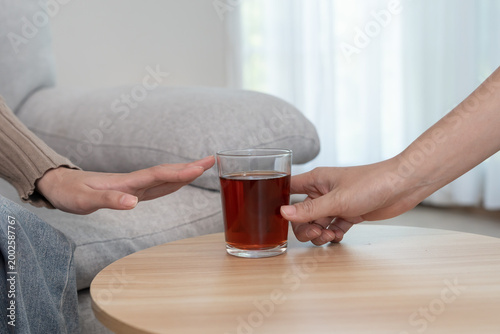 Cuadro en lienzo woman refuses say no and avoid to drink an alcohol whiskey, stopping hand sign female, alcoholism treatment, alcohol addiction, quit booze, Stop Drinking Alcohol