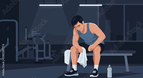 Exhausted athlete sitting in gym locker room sweating after intense workout, fatigue concept illustration