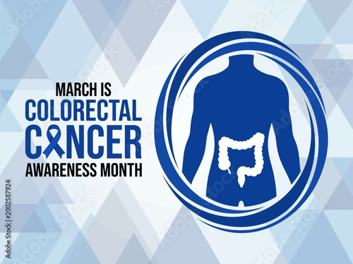 Colorectal Cancer Awareness Month Poster Design with Blue Ribbon and Human Anatomy