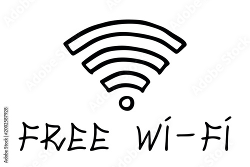 Hand drawn free wifi spot zone sign Public wi-fi area sign Wireless internet clipart in doodle style Single element for print, web, design, decor 3G, 4G, 5G, 6G, IoT