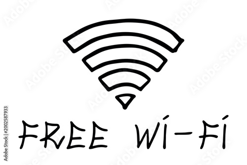 Hand drawn free wifi spot zone sign Public wi-fi area sign Wireless internet clipart in doodle style Single element for print, web, design, decor 3G, 4G, 5G, 6G, IoT