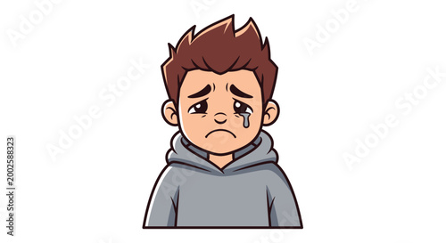 Sad young boy with black hair in grey hoodie crying with tear cartoon vector illustration