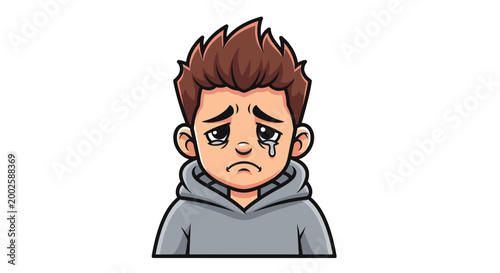 Sad young boy with black hair in grey hoodie crying with tear cartoon vector illustration