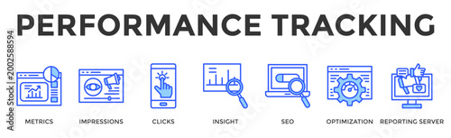 Performance Tracking  Banner Web  Icon Set Collection Pack Vector Illustration Concept Containing Metrics, Impressions, Clicks, Insight, Seo, Optimization, Reporting Server