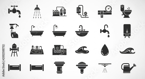 Collection of plumbing and bathroom icons in silhouette style.
