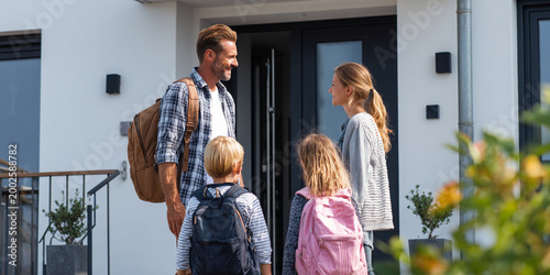 Family saying goodbye at front door, with parents and children expressing love and warmth