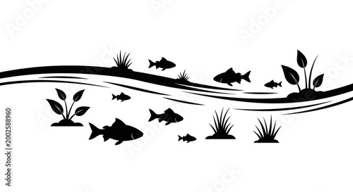 Black silhouette illustration of fish swimming in river water with aquatic plants.