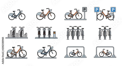 Collection of bicycle parking solutions featuring various rack designs and bike docking stations offering convenient urban transportation options for cyclists navigating city streets and public