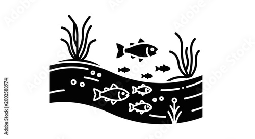 Black and white river ecosystem icon with fish and aquatic plants.