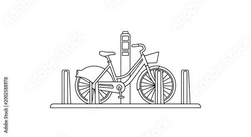 Classic bicycle parked securely in a public rack on a pathway showcasing urban transport and daily commutes with a convenient basket for carrying items presented as a line art representation for