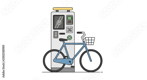 Urban transportation theme featuring a cycling vehicle parked beside a public digital information station on an empty surface representing smart city infrastructure and eco friendly mobility