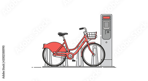 Communal bicycle ready for rental and transportation services docked at an urban station for convenient city travel and eco friendly mobility options for citizens exploring destinations