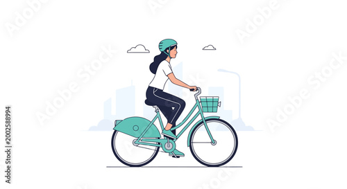 Person enjoying a refreshing cycling ride on a bright day pedaling a bicycle with a basket embracing outdoor recreation and healthy lifestyle in an urban park setting with distant buildings and