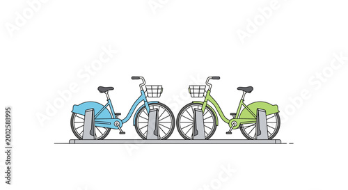 Two bicycles parked side by side in a station for shared mobility services representing sustainable urban transportation and eco friendly commuting options for city dwellers exploring their