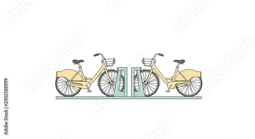 Two vintage style bicycles parked side by side in a public bicycle rack on a bright day showcasing a popular urban transportation solution
