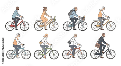 Diverse group of people enjoying outdoor cycling activities on bicycles set against a plain backdrop showcasing individual personas and modes of transport for recreation and daily commuting This