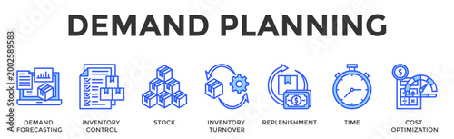 Demand Planning  Banner Web  Icon Set Collection Pack Vector Illustration Concept Containing Demand Forecasting, Inventory Control, Stock, Inventory Turnover, Replenishment, Time, Cost Optimization
