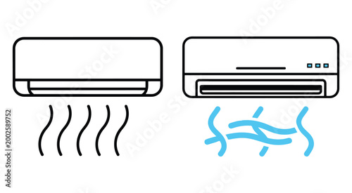 Air conditioner wall units with cool air flow icons