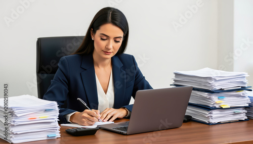 Focused Determination: A professional, deeply engrossed in her work, meticulously documents notes amidst a sea of paperwork, her modern laptop adding to the efficiency of her task.