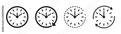 Clock face icon set with arrow symbols for time history and passing showing various hours in minimalist vector style.