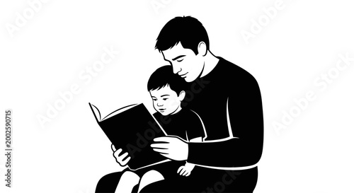 A loving father reading a storybook to his young son.