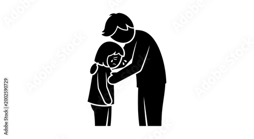 A black silhouette illustration depicting a caring adult comforting a sad child.