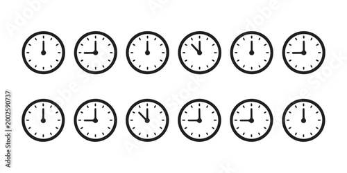 Universal clock face icons displaying various times of day for time zone and appointment scheduling templates.