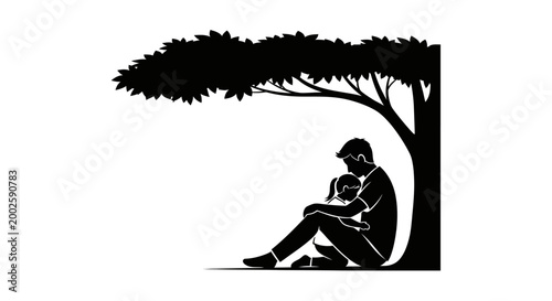 Silhouette of a loving father comforting his child sitting under a tree.