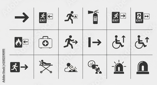 Collection of safety and emergency icons for buildings.