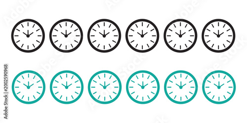Minimalist black and teal clock icons with simple hands for elegant time display and scheduling UI components.