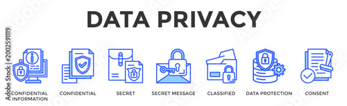 Data Privacy  Banner Web  Icon Set Collection Pack Vector Illustration Concept Containing Confidential Information, Confidential, Secret, Secret Message, Classified, Data Protection, Consent
