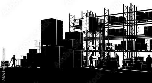 warehouse workers loading boxes on shelves at industrial site